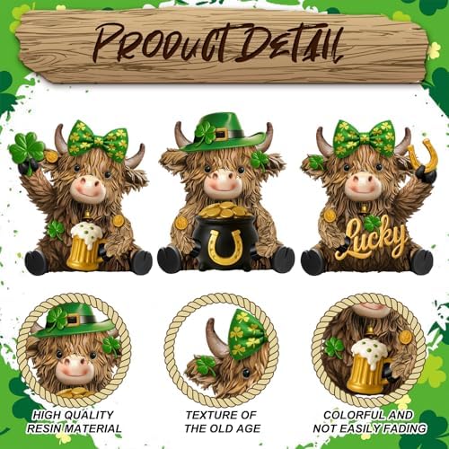 3 Pcs St. Patrick's Day Decor Highland Cow Resin Figurine Bathroom Highland Cow Gnomes with Shamrock Hat Resin Statue for St. Patrick's Day Garden Table Shelf Home Decor Gifts