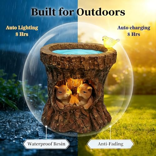 Solar Whimsical Squirrel Walnut Bird Feeder for Garden Decor: IP44 Weatherproof Resin with Automatic Lighting - No Installation- Outdoor Yard Patio Balcony Art - Birthday Gifts for Bird Lovers Women