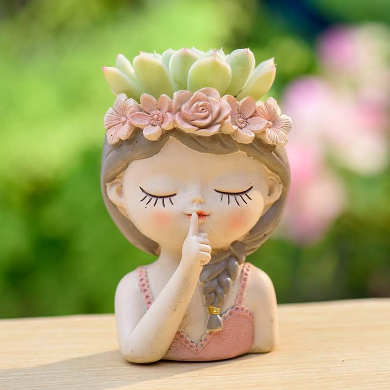 Cute Head Planter Resin Succulent Planter Little Girl Flower Pot, Human Face Cactus Plants Container Bonsai Holder