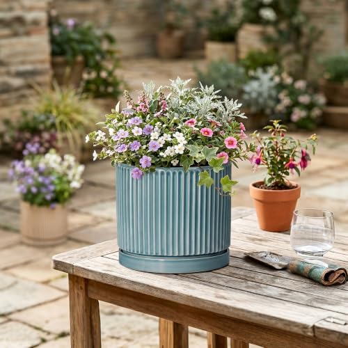 8 Inch Planter, Ceramic Pots for Plants with Saucer, Glaze Blue
