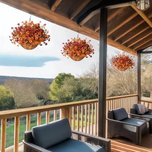 Artificial Fall Hanging Flowers Basket, UV Resistant Mums for Outdoors