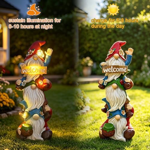 Garden Gnome Statue Solar Lights, Funny Faceless Triple Gnomes Sculptures Spring Decorations Outdoor Porch Patio Lawn Yard Art Balcony Home Decor Figurine, Birthday Gifts for Woman Mom Grandma