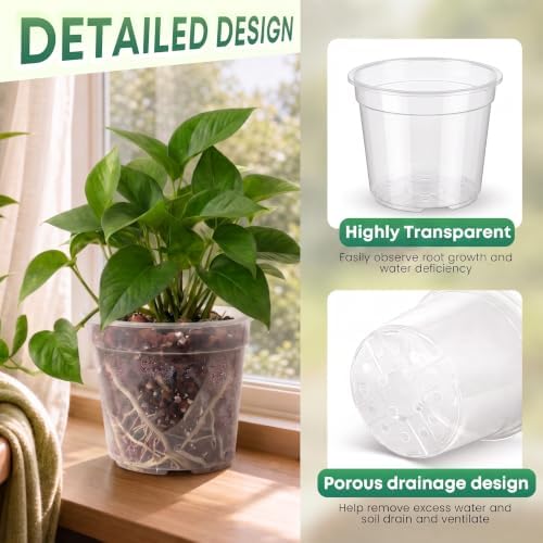 24 Pack 6/8/10 Inch Clear Nursery Pots with Drainage, Large Clear Plant Pot