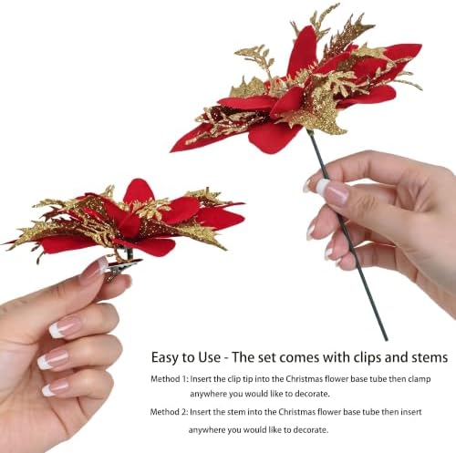 30PCS Artificial Christmas Poinsettia Flowers with Clips and Stems, 5.5 Inch Glitter red & Gold Xmas Tree Decorations, Holiday Poinsettia Picks Ornaments for Christmas Tree, Wreaths, Garlands & Home