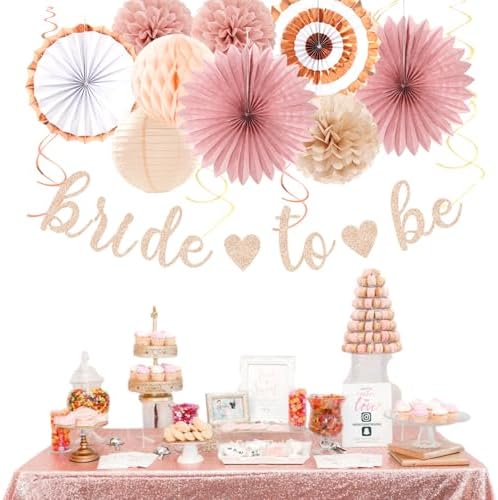 Blush-Pink Rose-Gold Bridal-Shower Party Decorations - 21pcs Bride to Be Sign Banner,Bachelorette Paper Lanterns Honeycomb,Wedding Streamers Garland,Fall Tissue Pom Poms Fans Decor Supplies Burgleda