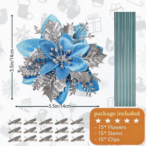 15PCS Artificial Christmas Poinsettia Flowers with Clips and Stems, 5.5 Inch Glitter Blue Xmas Tree Decorations, Holiday Poinsettia Picks Ornaments for Christmas Tree, Wreaths, Garlands & Home
