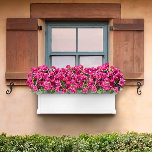 Artificial Geranium Fake Flowers for Outdoors Decoration, 6 Bundles Silk Geraniums Flower UV Resistant Look Real Faux Plants for Outside Planter Front Door Garden Patio Balcony Yard Home, Fuchsia