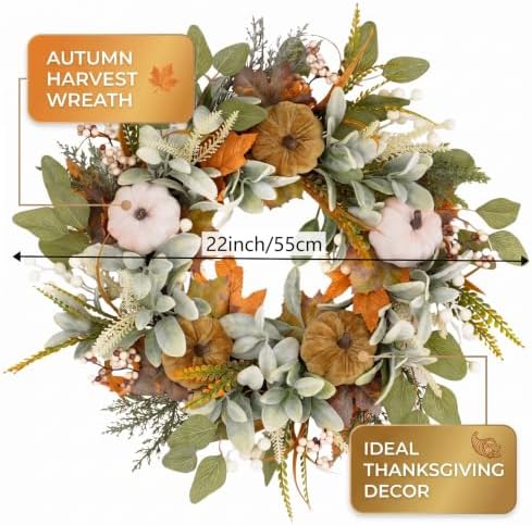 22 inch Fall Wreaths for Front Door, with Artificial Eucalyptus 5 Large Velvet Pumpkin Porch for Home Autumn Thanksgiving Farmhouse Holiday Outdoor Decor