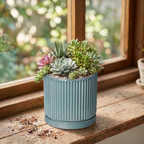 4 Inch Pots for Plants, Ceramic Planter with Saucer, Glaze Blue