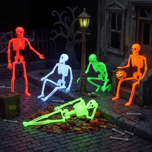 JOYIN 5 PCS 16" Blacklight Reactive Halloween Skeleton, Small Skeleton Decor, Full Body Posable Joint Hanging Skeleton for Halloween Decoration, Graveyard Prop, Haunted House, Spooky Scene Party Favor