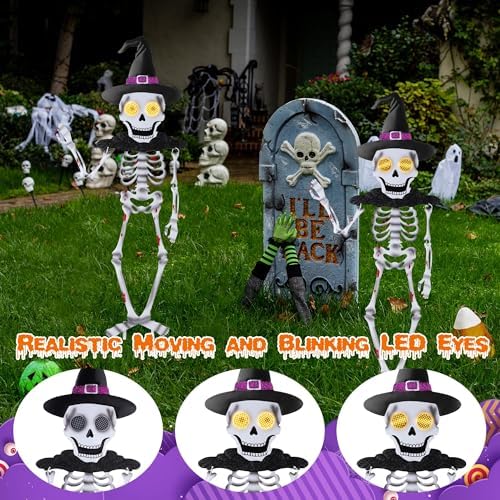 35.5" Metal Halloween Skeleton Yard Signs with Stakes Moving Solar-powered LED Eyes Halloween Outdoor Decorations Full Body Human Skeleton Garden Signs for Garden, Lawn, Patio Decor