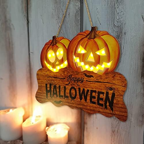 Light Up Happy Halloween Door Sign, 2 Jack O Lanterns, 12 Inch