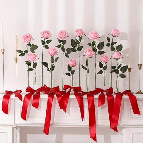 Pink Fake Roses Artificial Flowers - 10 Pcs Fake Artificial Roses Silk Flowers with Stems for Home Wedding Hotel Office Centerpiece Decor