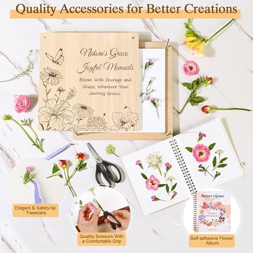 Joy&Grace Large Flower Press Kit for Adults with Designed Cover and DIY Album,10 Layers Plant Press and Plant Drying Toolkit, Flower Preservation Kit, 10.9" x 10.9" (Color Box, Natural Wood)