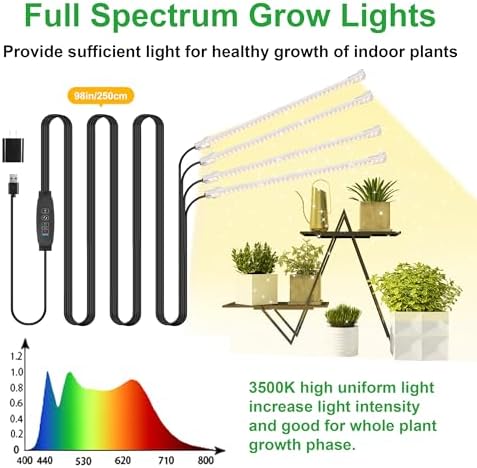13 Inches Plant Growing Lamp Strips, Full Spectrum LED 3500K Grow Light for Indoor Plants with 3/9/12H Timer and 10 Dimmable Levels for Green House Hydroponics Succulent and Shelf, 4 Head 2 Pack