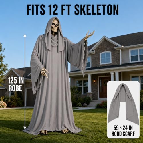 2 Pcs Grim Reaper Robe and Hood Scarf Set for 12 ft Skeleton
