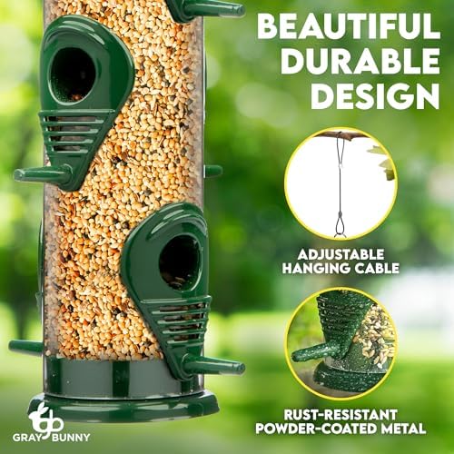 Gray Bunny Squirrel Proof Bird Feeders for Outdoors 6 Port Metal Tube