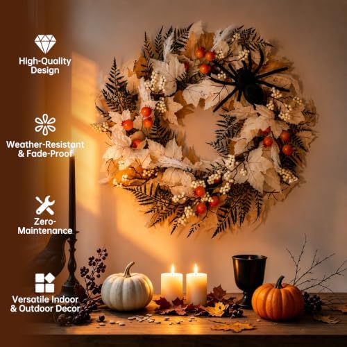 26" Halloween Wreaths for Front Door with Spider, Maple Leaf