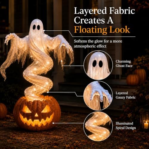 Swirling Ghost Pumpkin Light, Warm‑Glow LED Lighted Spooky Ghost Statue