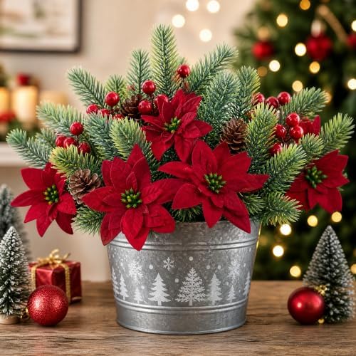 6PCS Artificial Christmas Poinsettia Flowers Fake Poinsettias Pine Cones Red Berry Picks Stems Holly Holiday for Xmas Tree Party Decoration DIY Indoor Outdoor Planters Table Vase Centerpieces