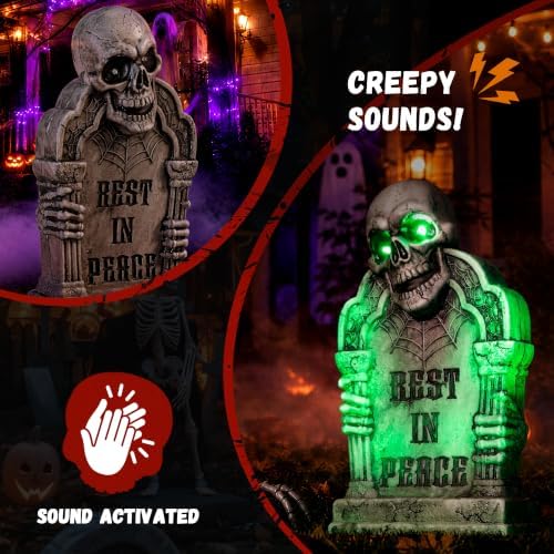 Halloween Decoration Animatronic Tombstone with Skull & Pillars, Sound Activated Grave Marker with Green Light-Up & Creepy Sound Effects, RIP Cemetery Prop for Haunted House, Yard, Lawn & Porch Decor
