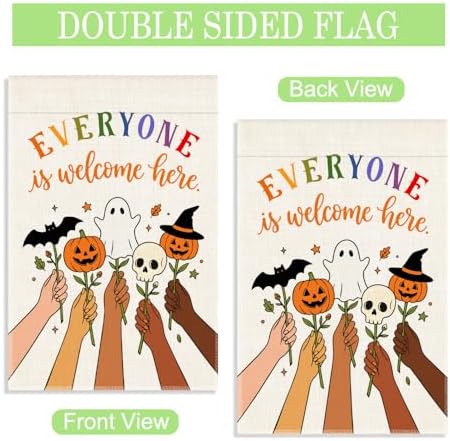 Everyone Is Welcome Here Garden Flag 12x18 Inch Double Sided, Inclusive Pumpkin Ghost Skull Yard Flag, Fall Outdoor Porch Decor, Diversity Kindness Gifts for Neighbor Friend LGBTQ Supporter
