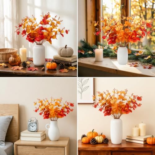 Laelfe Fall Eucalyptus Stems Leaves Branches Fake Flower Arrangement Farmhouse Decor (Fall Mixed Colors)