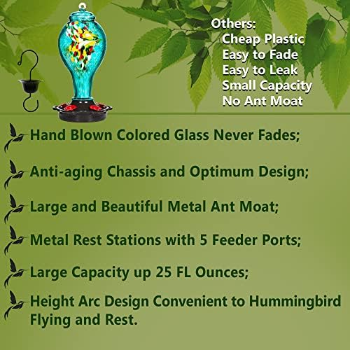 LUJII Hummingbird Feeder for Outdoors, Hand Blown Glass Humming Bird Feeder, Anti Fade Leakproof with 25 Ounces Nectar Capacity, Easy to Install Clean Refill, Include Hook & Ant Moat (Teal)