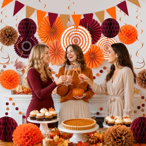 24 Pcs Fall Party Decorations, Burgundy Orange Paper Fans and Pom Poms Set