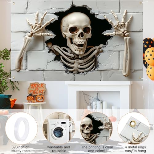 118"x35" Extra Large Happy Halloween Banner Big Spooky Halloween Backdrop for Giant Outdoor Yard Easy Hang with Ropes&Grommets–Perfect for Fence, Porch, Garden, Haunted House Party Signs (Skull, 71"x43")
