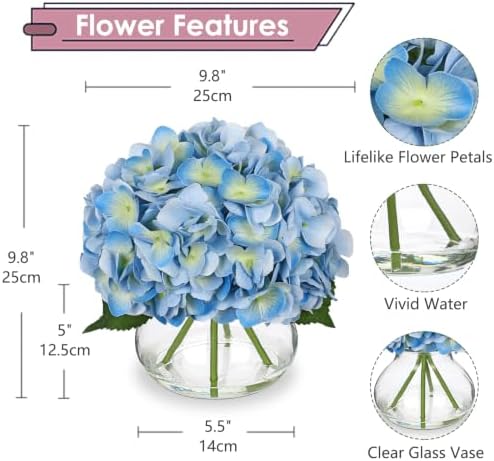 Hollyone Real Touch Hydrangea with Glass Vase Light Blue Full Latex Hydrangeas Artificial Flowers in Vase Lifelike Bouquets Floral Arrangements with Faux Water for Wedding Table Centerpiece Home Decor