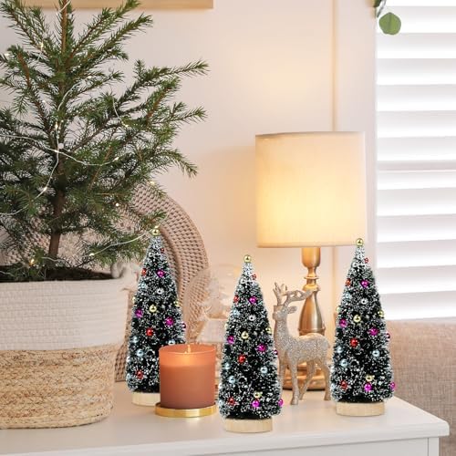 Winlyn 6 Pcs Artificial Tabletop Christmas Trees 8.3 Inch Frosted Green Bottle Brush Trees with Wood Bases Small Sisal Trees with White Snow and Ornaments for Winter Holiday Christmas Village Décor