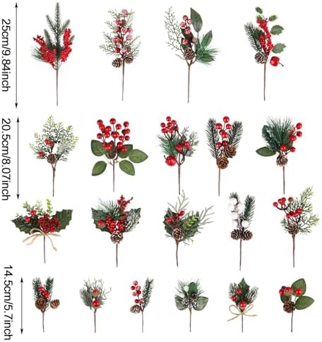 LOMIMOS 20pcs Artificial Christmas Red Berry Picks Pine Cones,Fake Holly Stems with Pinecones Needless Branches for Xmas Tree Decoration Crafts Wreath Garland Décor