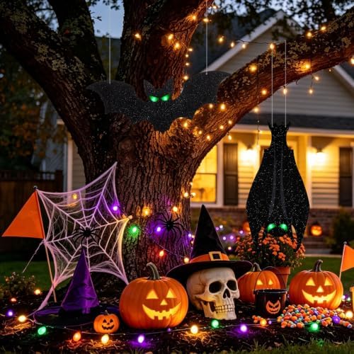 CCINEE 2Pcs Lighted Halloween Hanging Bats, 15in Glitter Black Bat Ornaments with Glowing LED Eyes, Indoor Outdoor Halloween Decor for Yard, Window, Ceiling, Tree, Haunted House Party