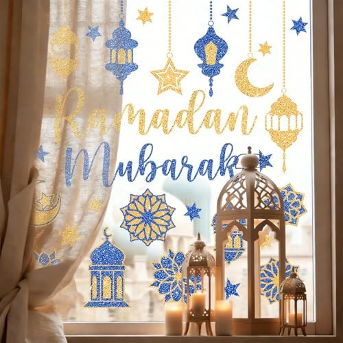 Whaline 6 Sheet Glitter Ramadan Window Clings Window Decal Blue-Gold Eid Mubarak Moon Star Reusable Anti-Collision Glass Decor for Home School Office Muslim Al Fitr Party Supplies