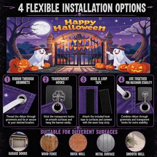 Halloween Garage Door Cover 7 x 16 ft, Ghost Gathering Banner