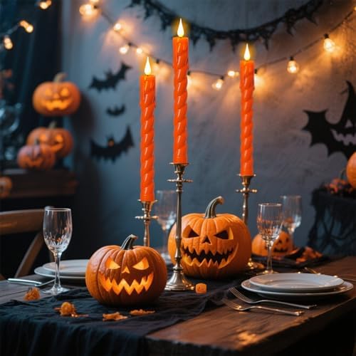 Orange Flameless Taper Candles Battery Operated with Remote Timer