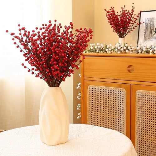Breeze Touch 10 Pack Artificial Red Berry Stems,12.5inches Red Berry Picks Faux Holly Berry Branches for Christmas Tree Decorations, Holiday Home Decor and Wedding DIY Crafts