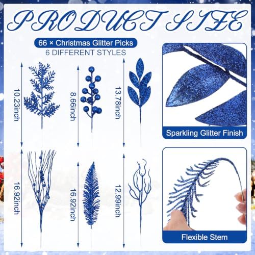 66 Pcs Christmas Glitter Picks and Sprays, Royal Blue