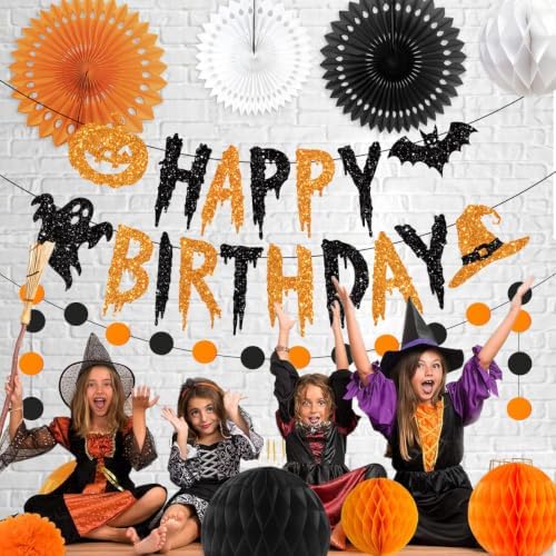 Halloween Birthday Decorations Banner with Honeycomb Ball Hanging Tissue