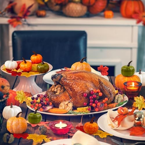 SITUMEIZI Fake Fall Leaves Set Autumn Leaves with Mini Pumpkin for Farmhouse Harvest Thanksgiving Table Decor 52 Pcs