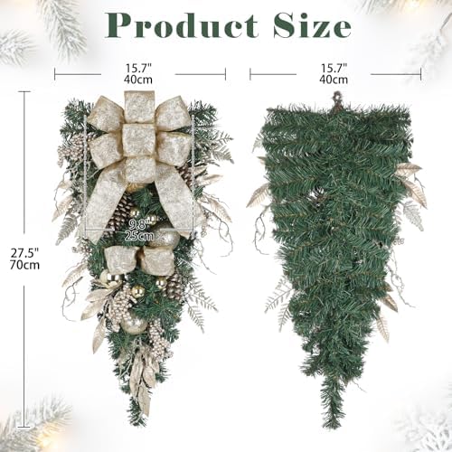 Christmas Teardrop Swag for Front Door with Ornaments, Berries, Bow, 27.5" Christmas Swag Wreath for Stair Window Wall Mantel, Artificial Xmas Swags Garland for Winter Holiday Decorations, Champagne