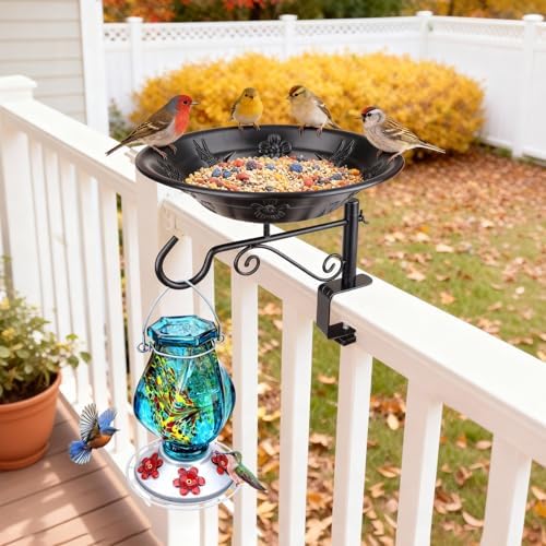Balcony Bird Feeder, Bird Bath with Plant Hook for Outdoors, Black