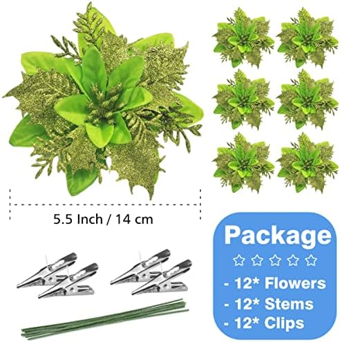 FurRain Christmas Poinsettia Artificial Flowers Decorations 5.5" Christmas Tree Wreaths Garland Decoration 12 Pcs Glitter Flowers Picks Decor for Xmas New Year Wedding Party Ornaments (Green)