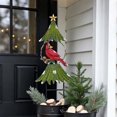TERESA'S COLLECTIONS Metal Christmas Tree Decorations Cardinal Garden Stake with Solar Light, Outdoor Christmas Decor for Home, Waterproof Xmas Decoraions for Yard, Holiday Party Gifts, 31"