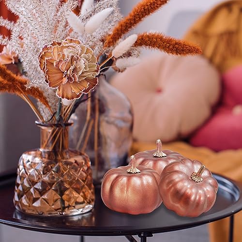 Winlyn 12 Pcs Rose Gold Pumpkins Small Artificial Pumpkins Decorative Pumpkins Faux Foam Pumpkins for Gifts Fall Wedding Baby Shower Thanksgiving Halloween Holiday Table Centerpiece Mantel Décor
