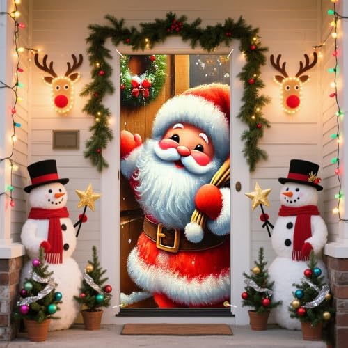 Chibi Santa Knocking Door Gift Sack Lantern Door Cover 35x71in