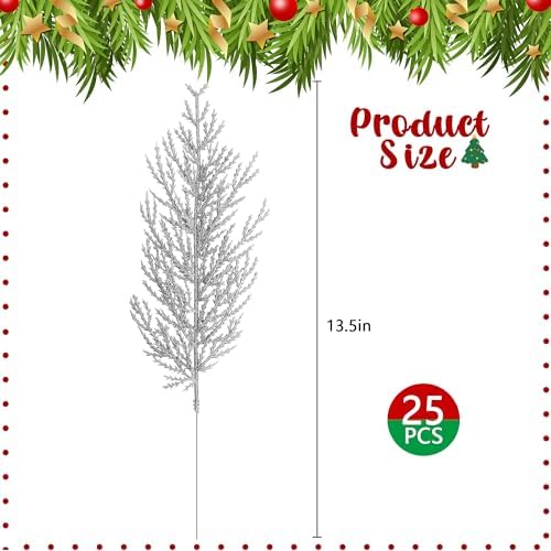 Alpurple 25 Pcs Christmas Silver Artificial Pine Branches- 13.5" Glitter Fake Foliage Pine Stems Picks- Silver Leaves Artificial Pine Needles for DIY Christmas Wreath Home Decoration