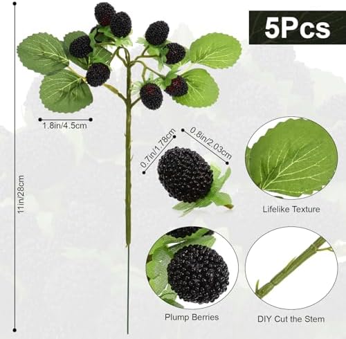 Hoteam 5 Pcs Artificial Raspberries Stems 11 Inch with Leaves, Black