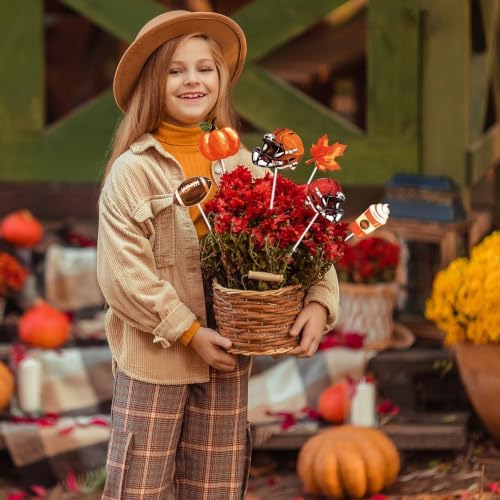 Whaline 7Pcs Fall Football Metal Planter Stakes Rugby Helmet Coffee Pumpkin Maple Leaf Garden Stakes Yard Sign for Autumn Thanksgiving Outdoor Lawn Porch Walkway Decor